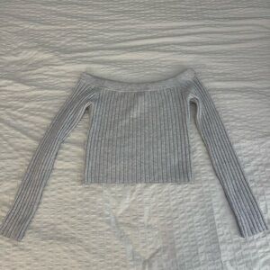 Gray Off-Shoulder Ribbed Sweater